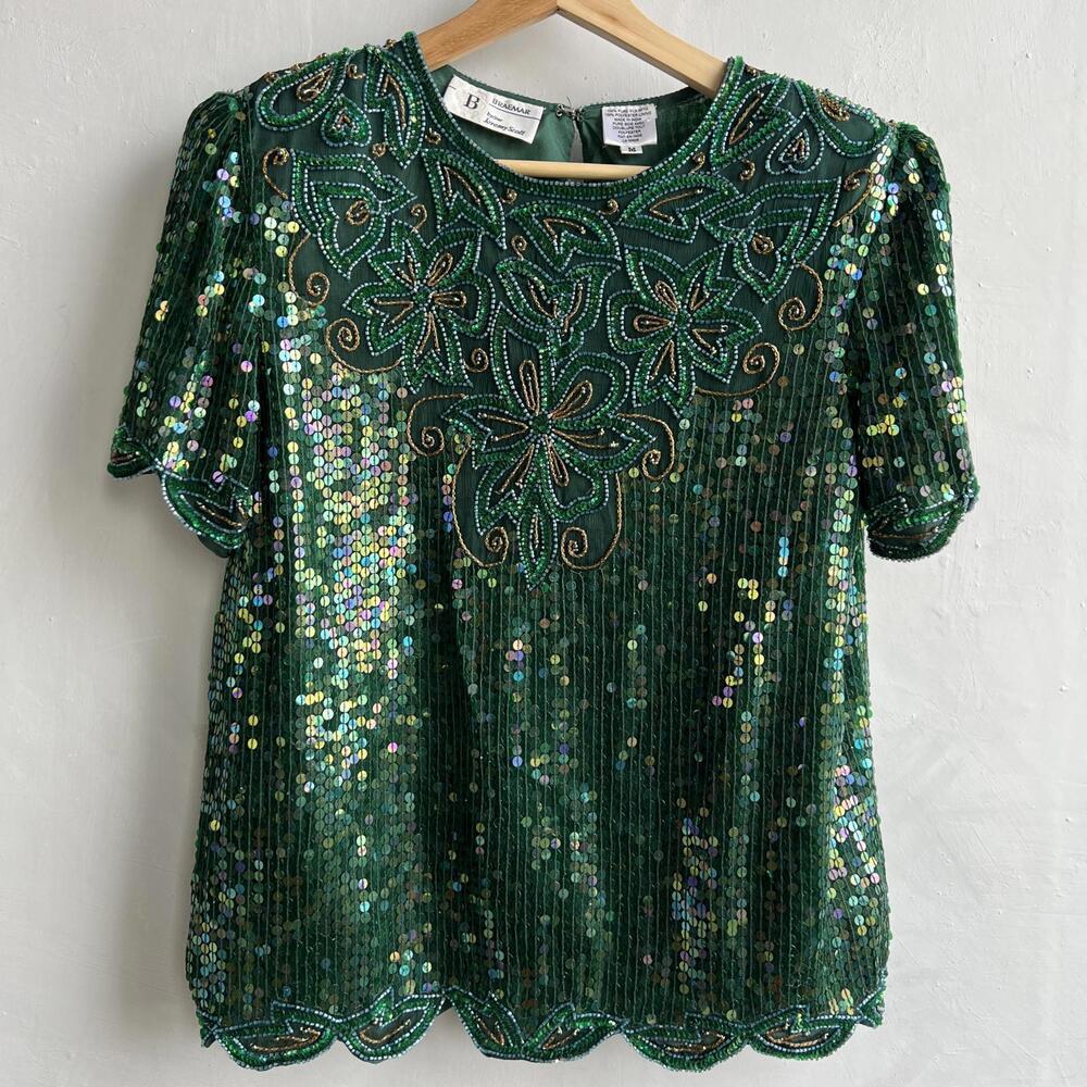 Vintage Braemar Silk Sequin Beaded Top Green 80s Evening M